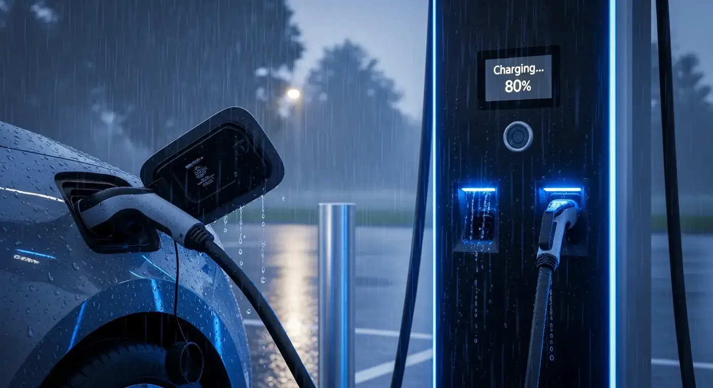 Elektrikli araç şarj istasyonu yağmurda