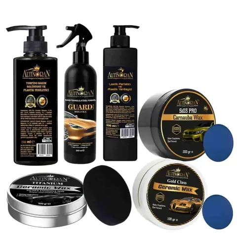 2 Adet Torpido parlatıcı 2 Adet Guard Auto Hızlı Cila 2 Adet Lastik Parlatıcı  2 Adet SiO3 Pro  2 Adet Titanıum Ceramic Wax  2 Adet Gold Class Ceramic Wax
