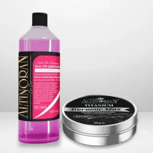 Altınoran Araba Bakım Seti, Cilalı Oto Şampuanı ve Titanium Seramik Wax içeren kapsamlı araç temizlik ve koruma paketi.