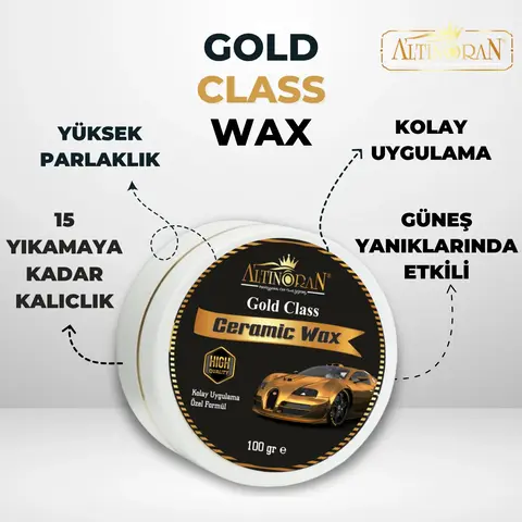 Altınoran Gold Class Ceramic Wax ürününün özelliklerini anlatan tanıtım görseli. Yüksek parlaklık, kalıcılık ve güneş yanıklarında etki gibi faydaları belirtilmiştir.