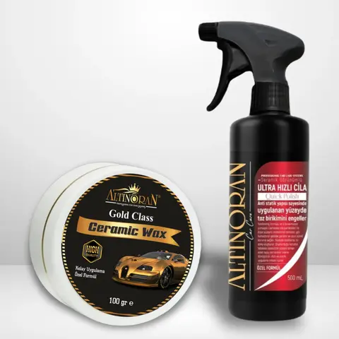 Beyaz kutudaki Altınoran Gold Class Ceramic Wax ve Ultra Hızlı Cila sprey şişesinin bir arada olduğu premium parlaklık seti görseli.