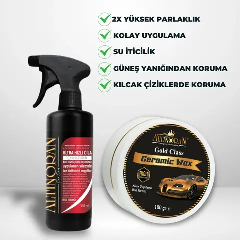 Altınoran Gold Class Wax ve Hızlı Cila setinin faydalarını gösteren görsel. 2X yüksek parlaklık, kolay uygulama ve su iticilik gibi özellikler vurgulanmıştır.