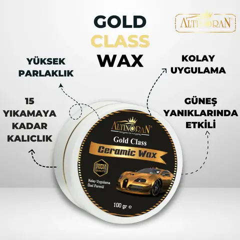 Altınoran Gold Class Wax'ın yüksek parlaklık, 15 yıkamaya kadar kalıcılık ve kolay uygulama gibi faydalarını gösteren tanıtım görseli.