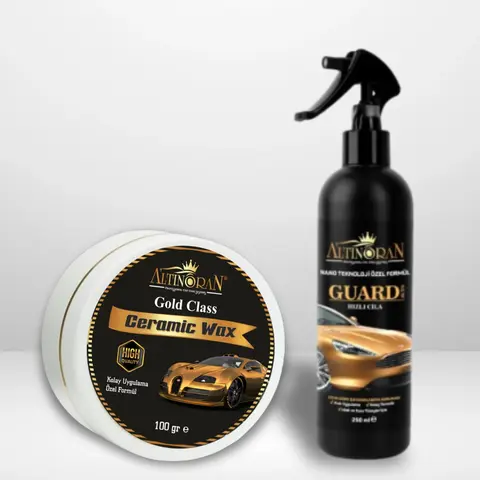 Altınoran Gold Class Ceramic Wax ve Guard Hızlı Cila ürünlerinin bir arada olduğu, parlaklık odaklı araç bakım seti.