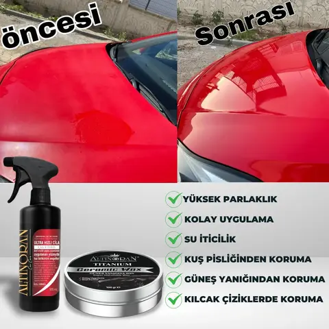 Kırmızı bir araba kaputunda Altınoran seramik cila ve hızlı cila