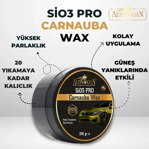 Altınoran SiO3 Pro Carnauba Wax ürününün faydalarını gösteren görsel. Yüksek parlaklık, 20 yıkamaya kadar kalıcılık ve güneş yanıklarında etki gibi özellikler vurgulanmaktadır.