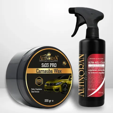 Altınoran SiO3 Pro Carnauba Wax ve Altınoran Ultra Hızlı Cila ürünlerinin bir arada olduğu profesyonel boya koruma ve parlaklık seti görseli.