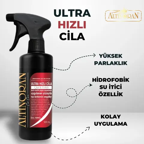 Altınoran Ultra Hızlı Cila ürününün yüksek parlaklık, hidrofobik su iticilik ve kolay uygulama gibi özelliklerini gösteren tanıtım görseli.