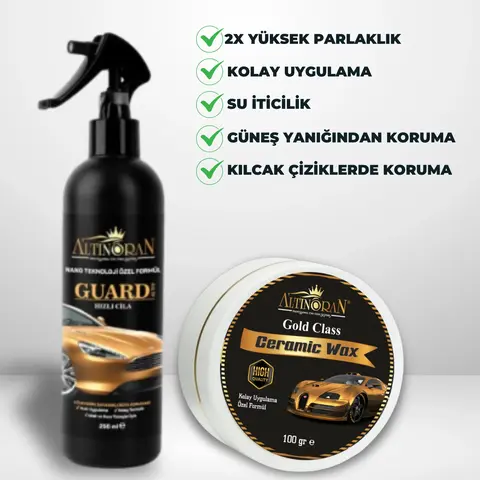 Altınoran Gold Class Wax ve Guard Hızlı Cila setinin 2X yüksek parlaklık, su iticilik ve güneş yanığından koruma gibi ortak faydalarını listeleyen tanıtım görseli.