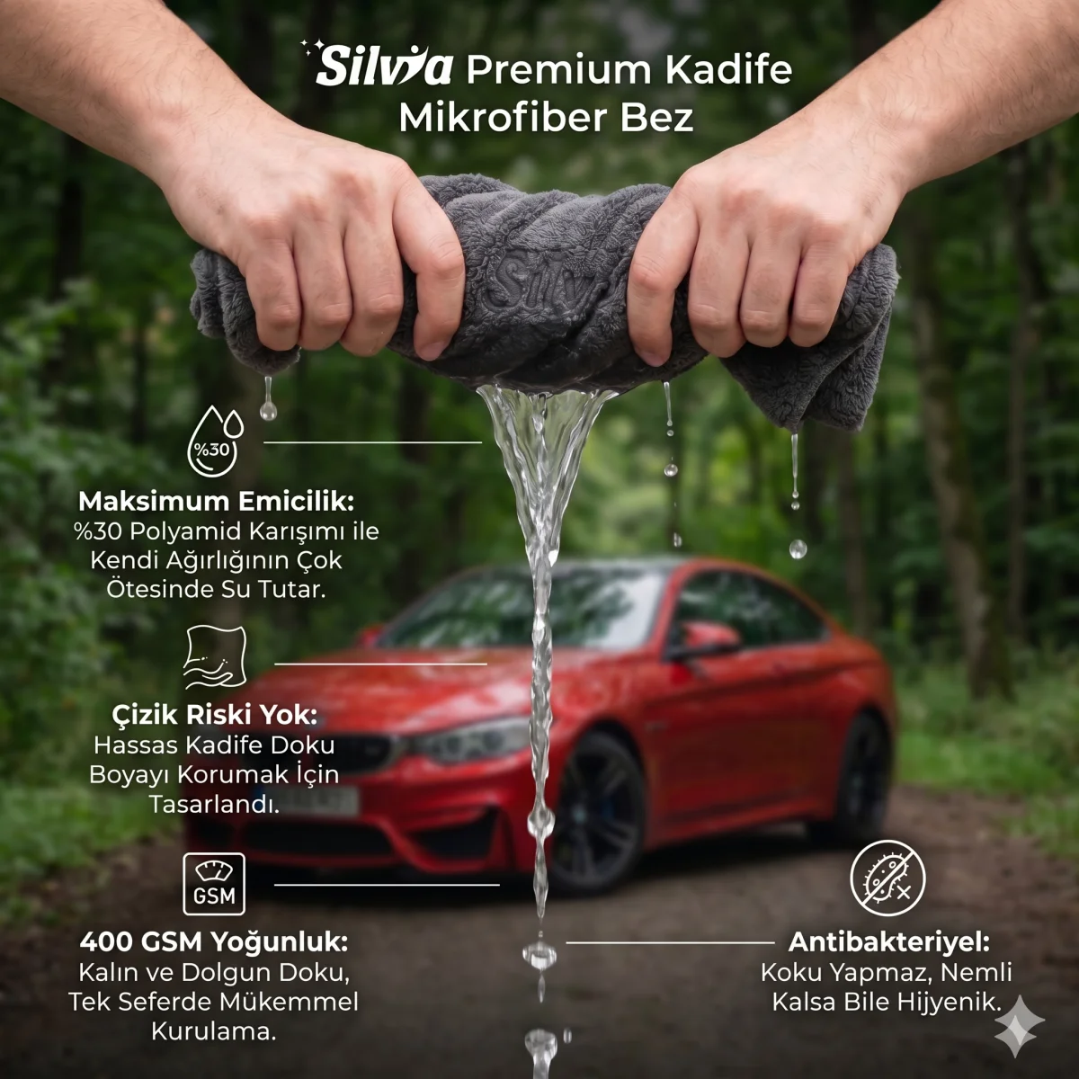 Silvia Premium 400 GSM Mikrofiber Oto Kurulama Ve Detaylandırma Bezi 40x40 cm - Kadife Dokulu Çizmez Parlatma Bezi