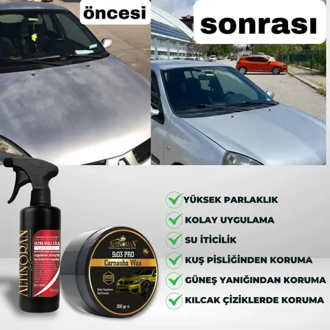 Gümüş renkli bir arabanın güneş yanığı olan kaputunun Altınoran SiO3 Pro Wax ve Hızlı Cila seti ile yenilenmiş hali. Uygulama sonrası mat yüzeyin yüksek parlaklığa ulaştığı görülmektedir.